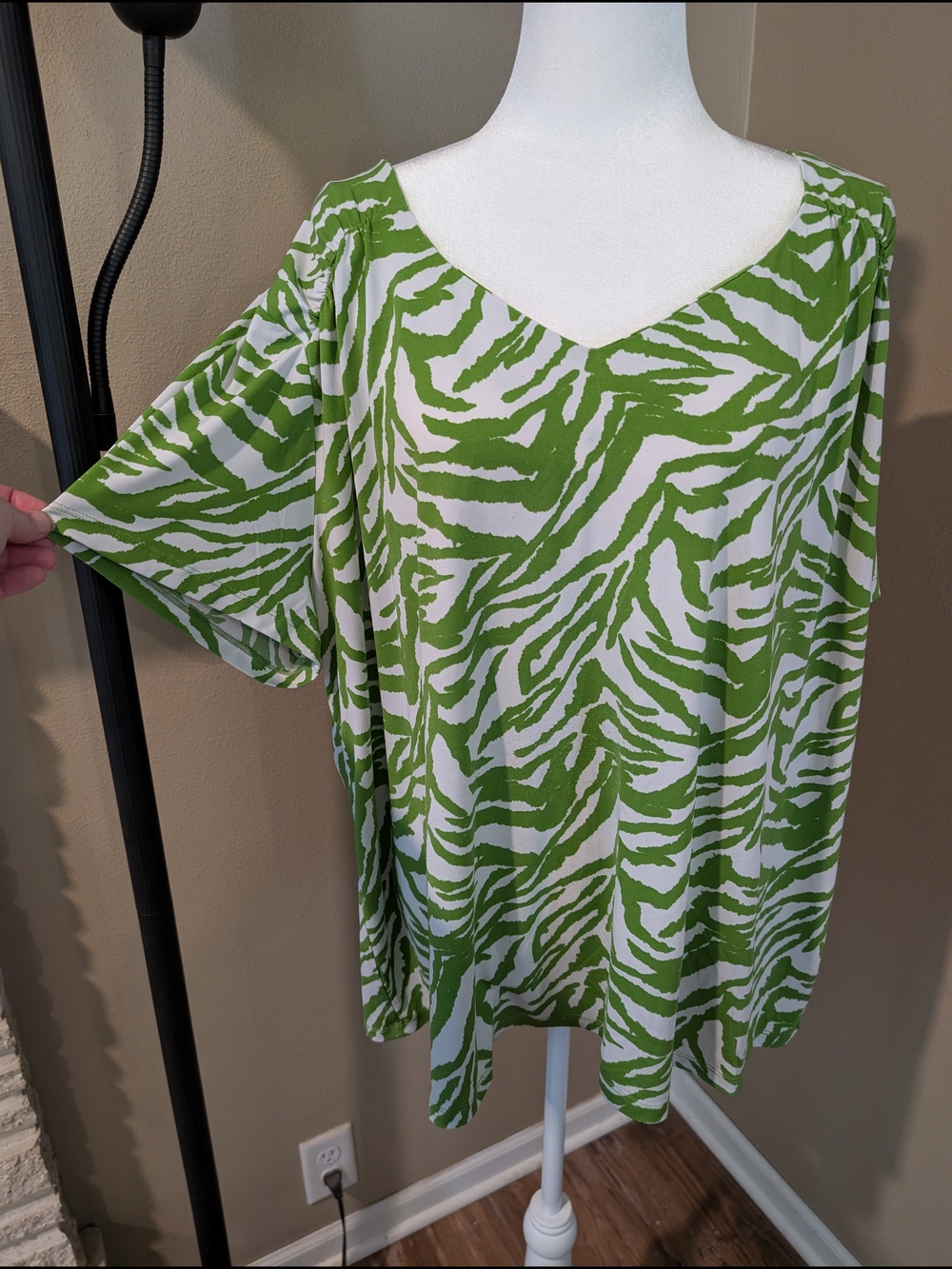 Susan Graver Green and White Zebra Print V-Neck Blouse